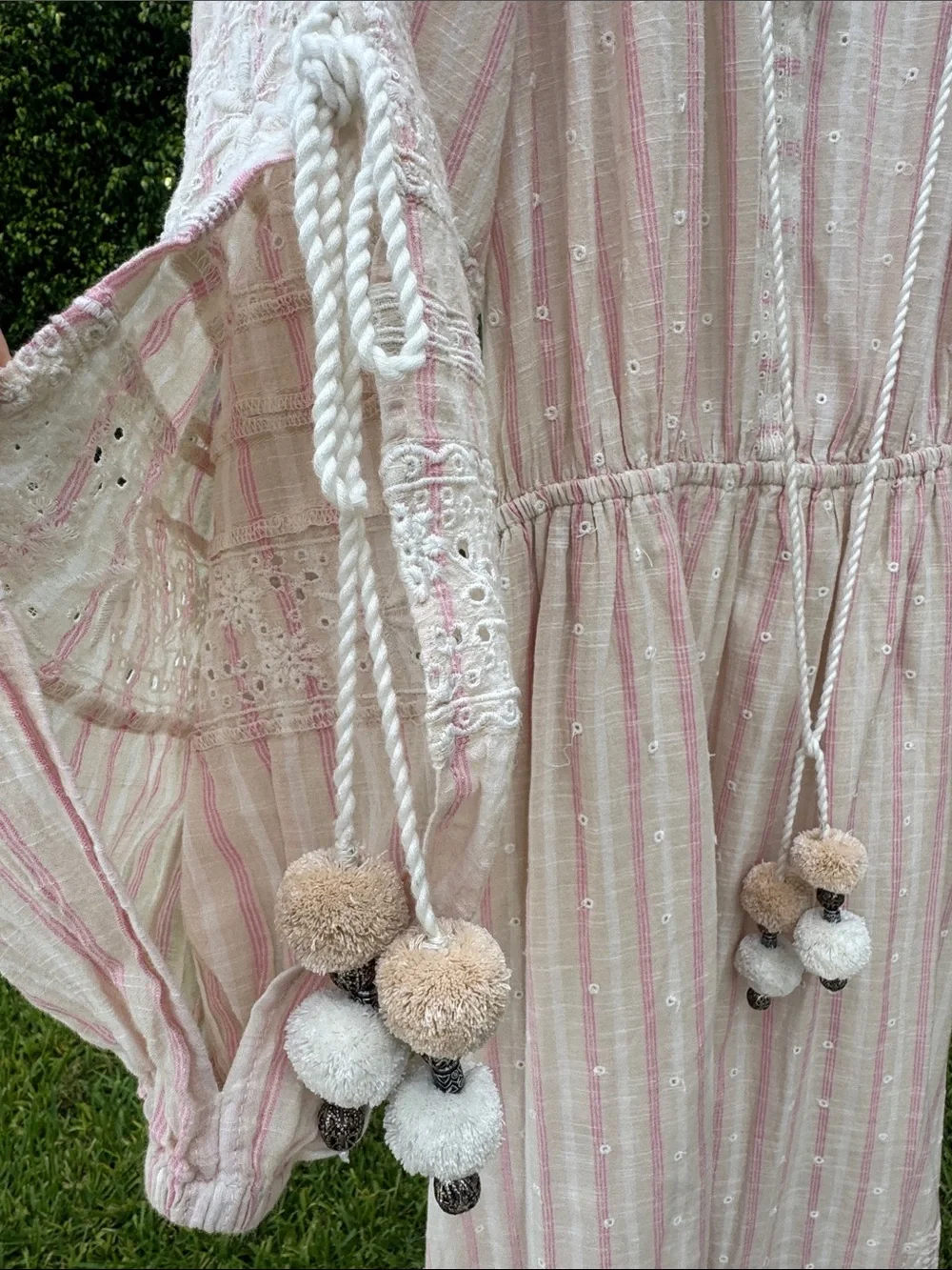 LoveShackFancy Isla Dress Pale Pink Embroidered Midi Pom Pom Tassels Slits Small - Picture 7 of 15